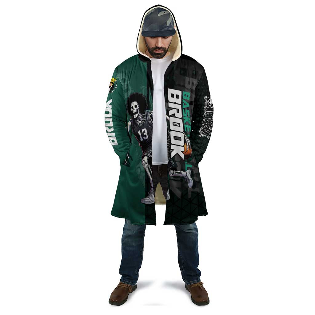 Brook One Piece Basketball Theme Green and Black Design Cloak with Skull Emblem and Energetic Pose - The Mazicc