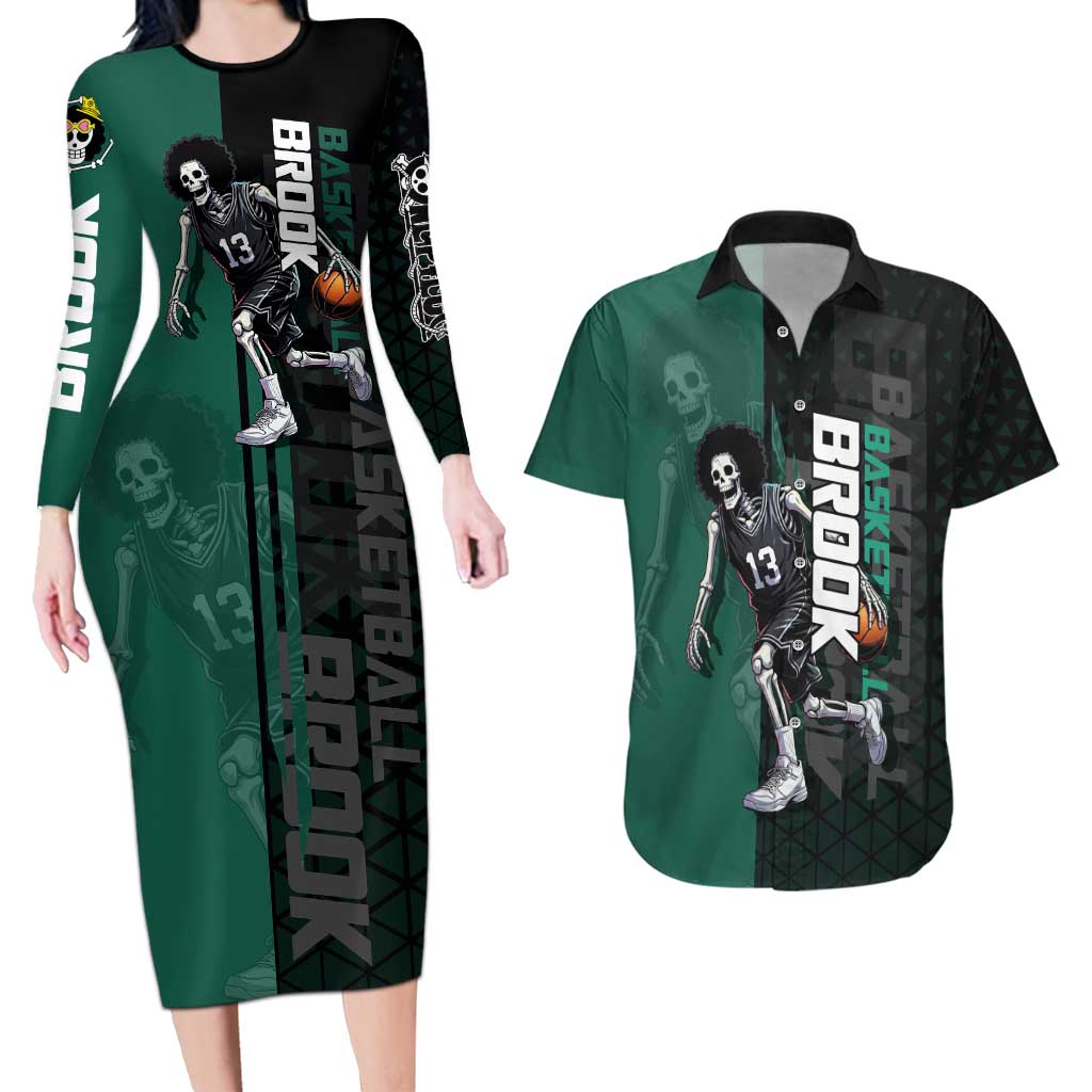Brook One Piece Basketball Theme Green and Black Design Couples Matching Long Sleeve Bodycon Dress and Hawaiian Shirt with Skull Emblem and Energetic Pose - The Mazicc