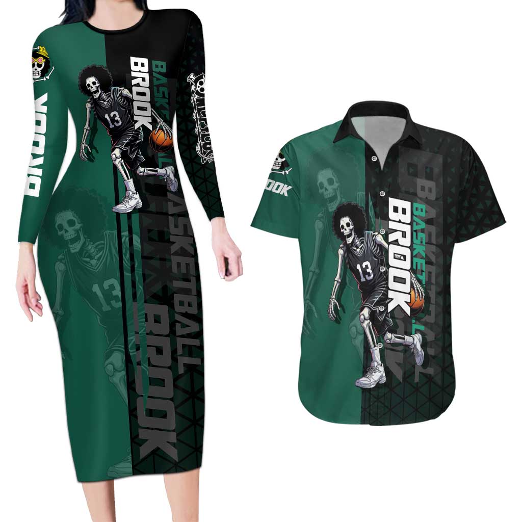 Brook One Piece Basketball Theme Green and Black Design Couples Matching Long Sleeve Bodycon Dress and Hawaiian Shirt with Skull Emblem and Energetic Pose - The Mazicc