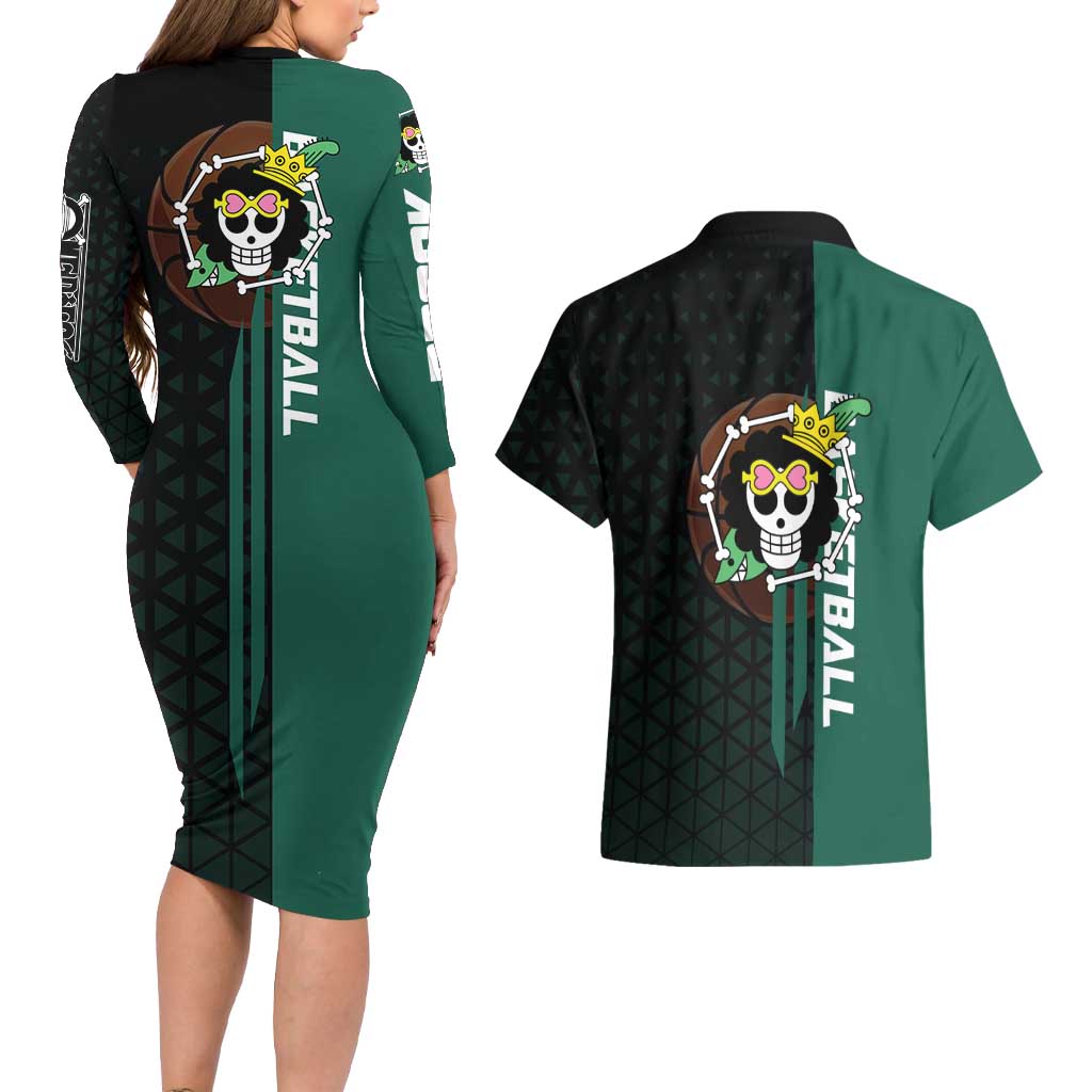Brook One Piece Basketball Theme Green and Black Design Couples Matching Long Sleeve Bodycon Dress and Hawaiian Shirt with Skull Emblem and Energetic Pose - The Mazicc