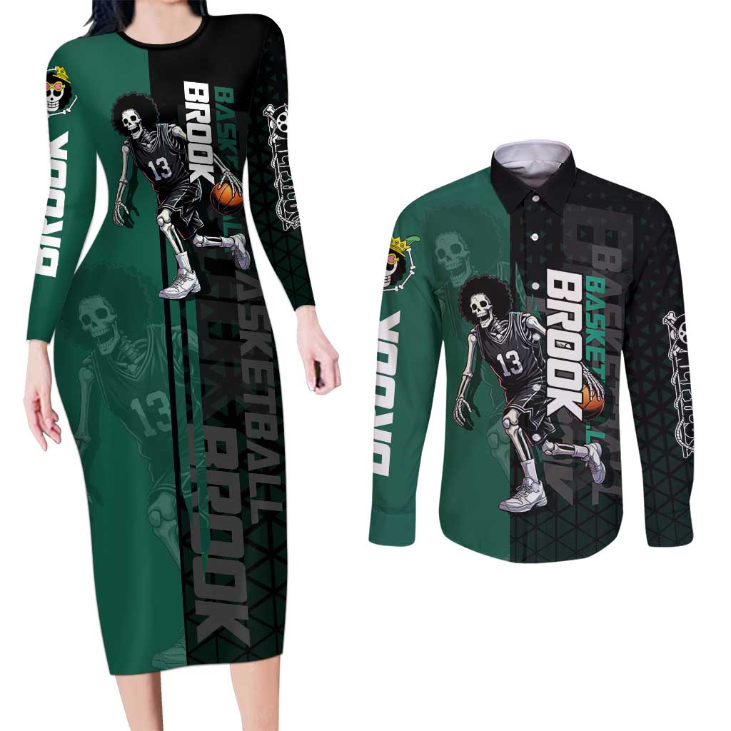 Brook One Piece Basketball Theme Green and Black Design Couples Matching Long Sleeve Bodycon Dress and Long Sleeve Button Shirt with Skull Emblem and Energetic Pose - The Mazicc