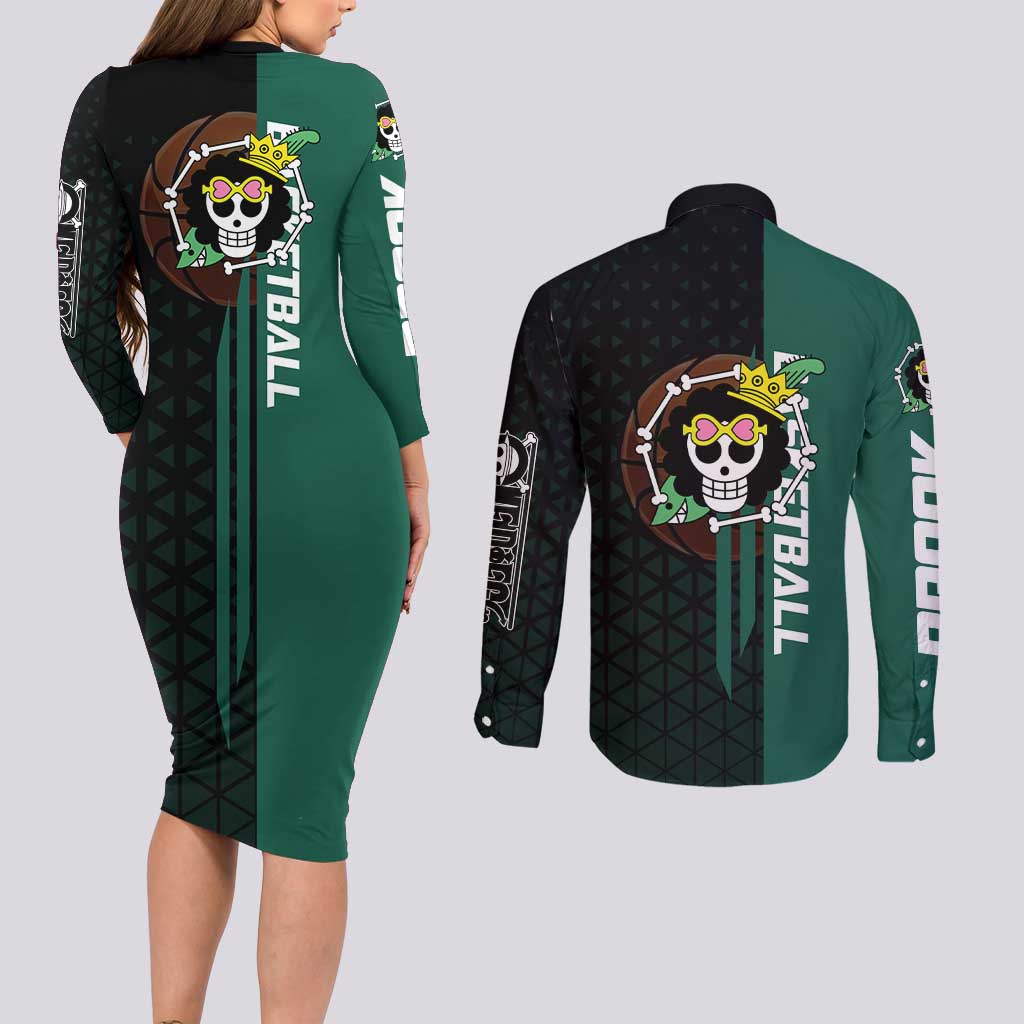 Brook One Piece Basketball Theme Green and Black Design Couples Matching Long Sleeve Bodycon Dress and Long Sleeve Button Shirt with Skull Emblem and Energetic Pose - The Mazicc