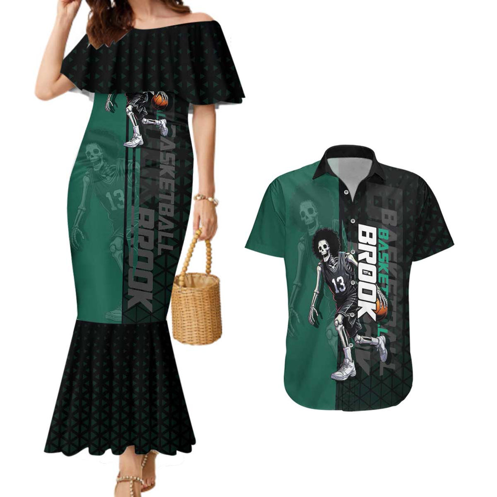 Brook One Piece Basketball Theme Green and Black Design Couples Matching Mermaid Dress and Hawaiian Shirt with Skull Emblem and Energetic Pose - The Mazicc