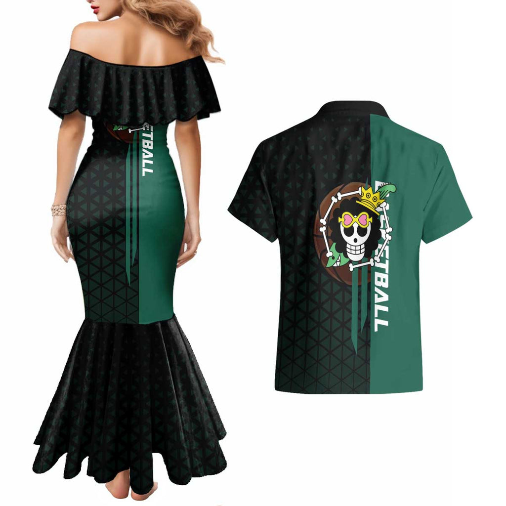 Brook One Piece Basketball Theme Green and Black Design Couples Matching Mermaid Dress and Hawaiian Shirt with Skull Emblem and Energetic Pose - The Mazicc