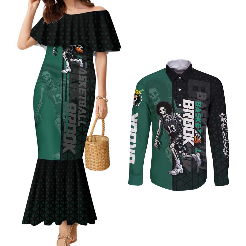 Brook One Piece Basketball Theme Green and Black Design Couples Matching Mermaid Dress and Long Sleeve Button Shirt with Skull Emblem and Energetic Pose - The Mazicc
