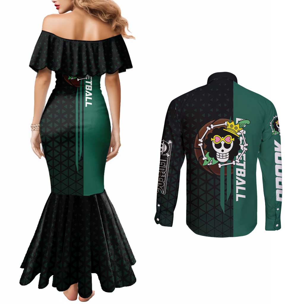 Brook One Piece Basketball Theme Green and Black Design Couples Matching Mermaid Dress and Long Sleeve Button Shirt with Skull Emblem and Energetic Pose - The Mazicc