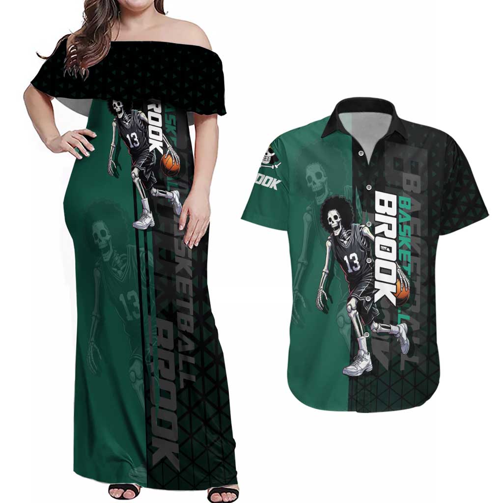 Brook One Piece Basketball Theme Green and Black Design Couples Matching Off Shoulder Maxi Dress and Hawaiian Shirt with Skull Emblem and Energetic Pose - The Mazicc