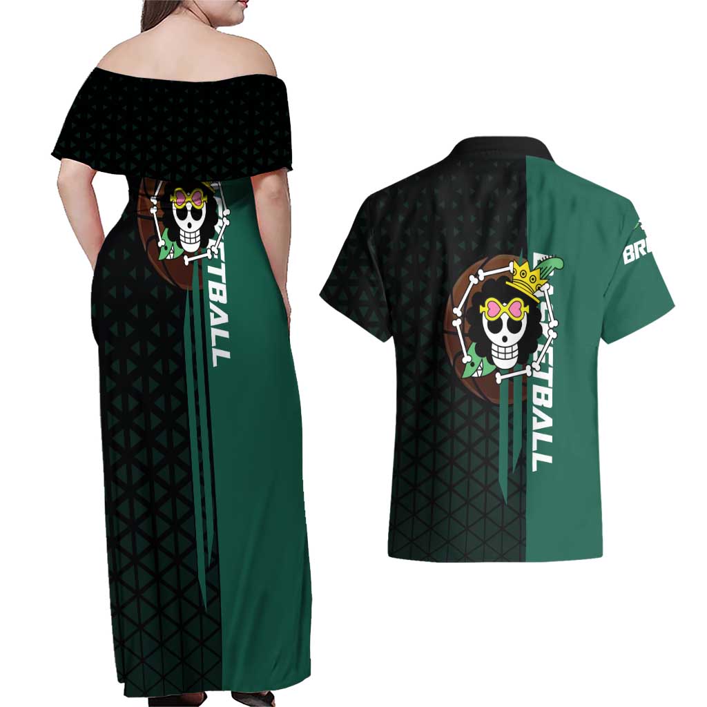 Brook One Piece Basketball Theme Green and Black Design Couples Matching Off Shoulder Maxi Dress and Hawaiian Shirt with Skull Emblem and Energetic Pose - The Mazicc