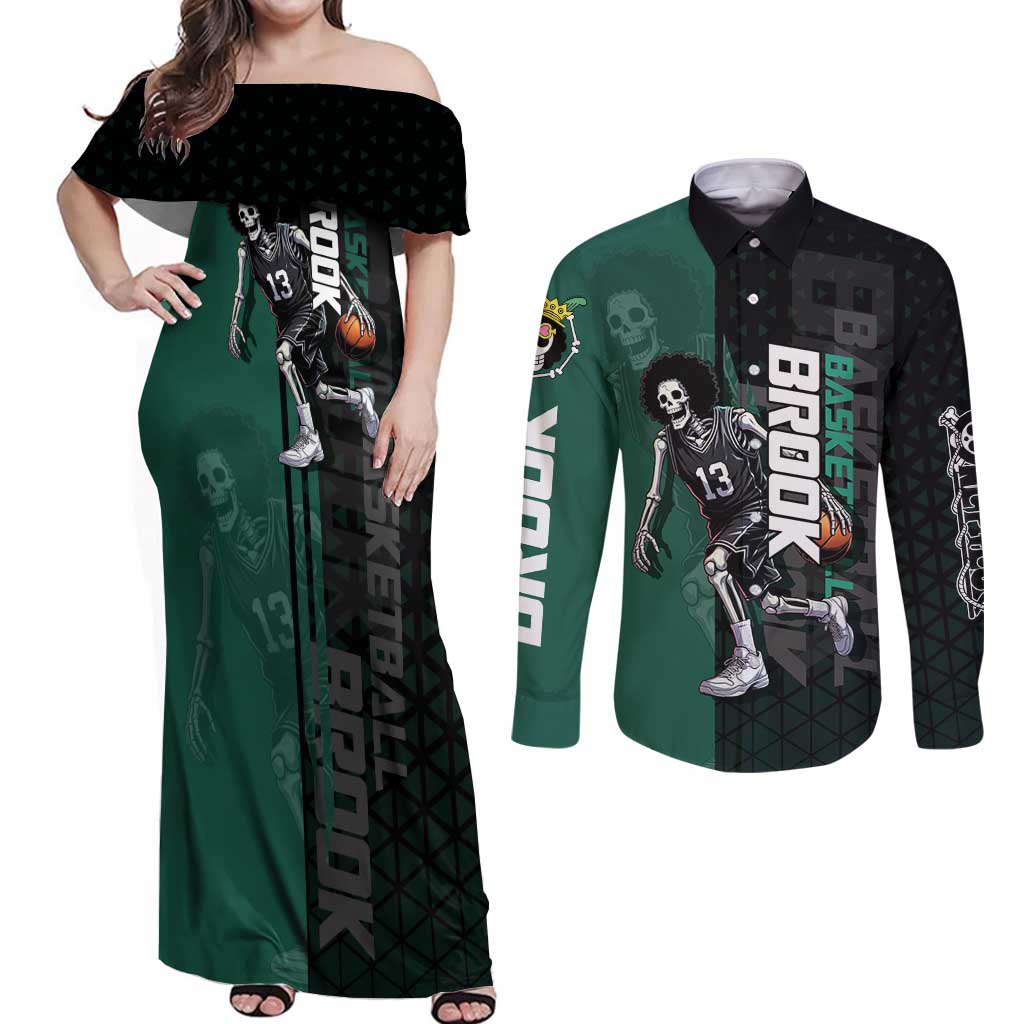 Brook One Piece Basketball Theme Green and Black Design Couples Matching Off Shoulder Maxi Dress and Long Sleeve Button Shirt with Skull Emblem and Energetic Pose - The Mazicc