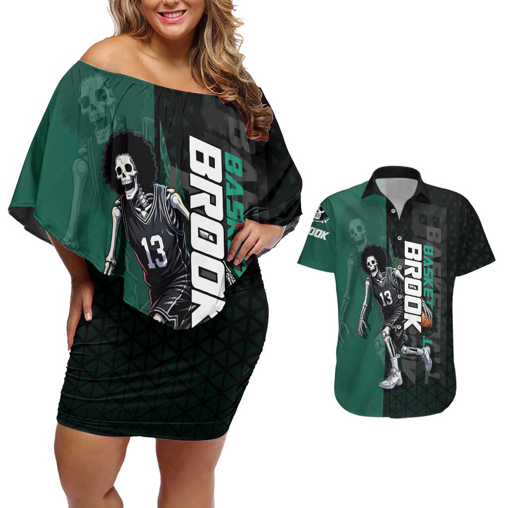 Brook One Piece Basketball Theme Green and Black Design Couples Matching Off Shoulder Short Dress and Hawaiian Shirt with Skull Emblem and Energetic Pose - The Mazicc