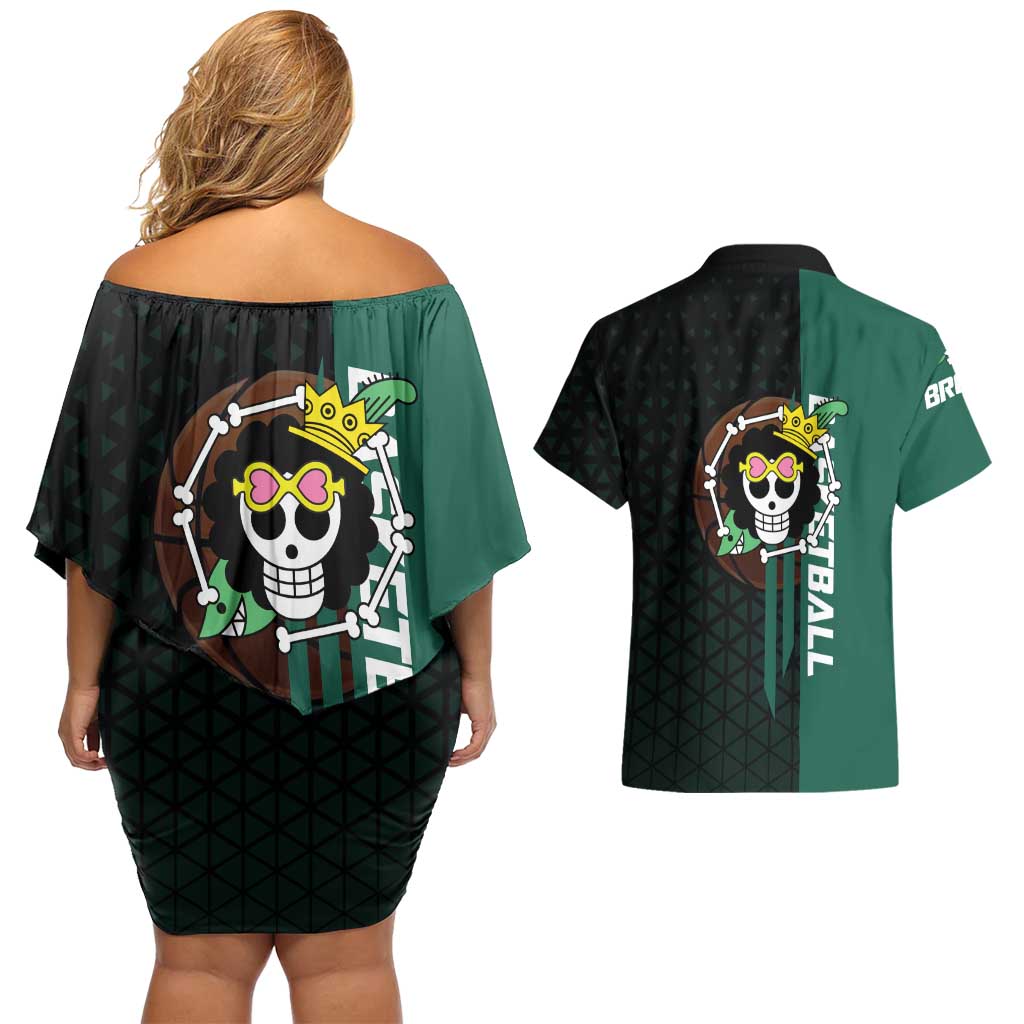 Brook One Piece Basketball Theme Green and Black Design Couples Matching Off Shoulder Short Dress and Hawaiian Shirt with Skull Emblem and Energetic Pose - The Mazicc