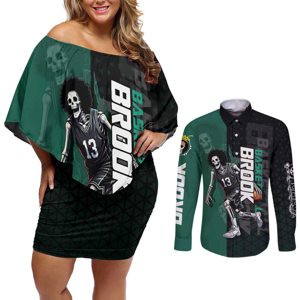 Brook One Piece Basketball Theme Green and Black Design Couples Matching Off Shoulder Short Dress and Long Sleeve Button Shirt with Skull Emblem and Energetic Pose - The Mazicc