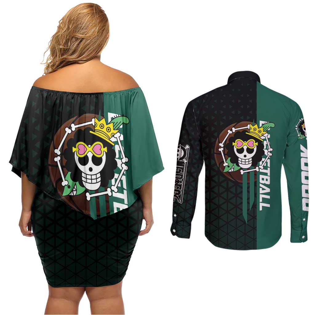 Brook One Piece Basketball Theme Green and Black Design Couples Matching Off Shoulder Short Dress and Long Sleeve Button Shirt with Skull Emblem and Energetic Pose - The Mazicc