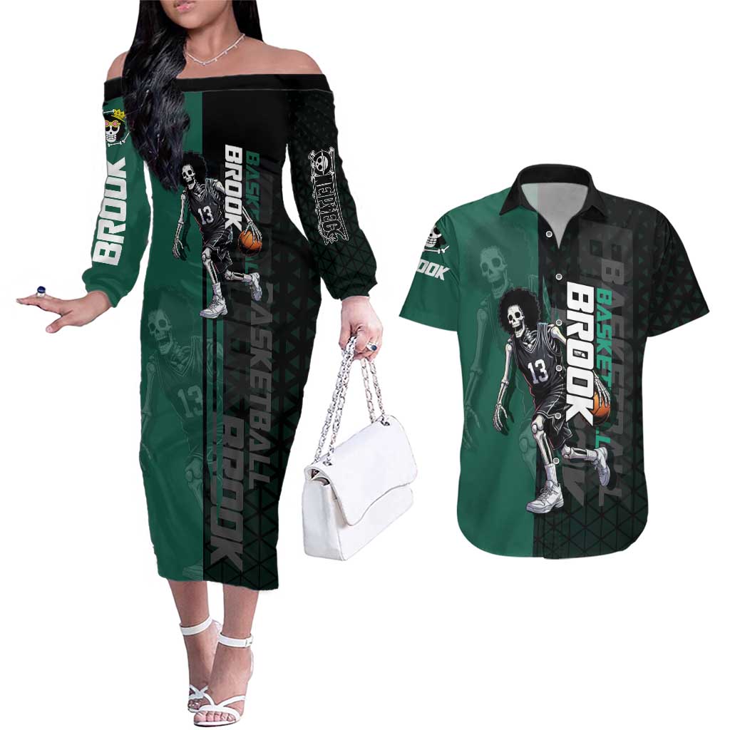 Brook One Piece Basketball Theme Green and Black Design Couples Matching Off The Shoulder Long Sleeve Dress and Hawaiian Shirt with Skull Emblem and Energetic Pose - The Mazicc