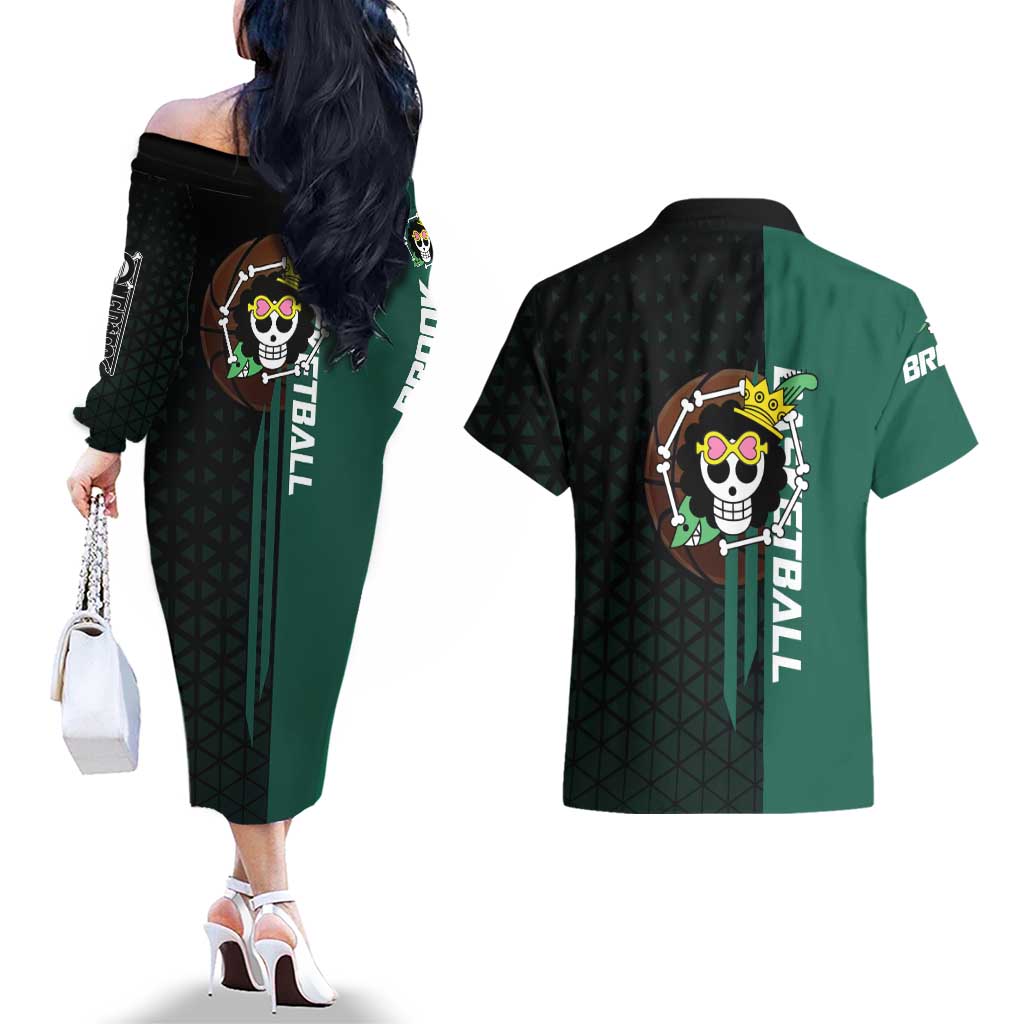 Brook One Piece Basketball Theme Green and Black Design Couples Matching Off The Shoulder Long Sleeve Dress and Hawaiian Shirt with Skull Emblem and Energetic Pose - The Mazicc