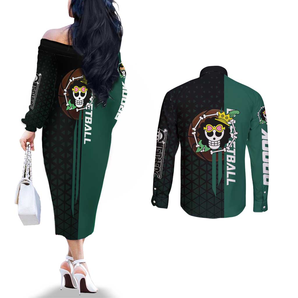 Brook One Piece Basketball Theme Green and Black Design Couples Matching Off The Shoulder Long Sleeve Dress and Long Sleeve Button Shirt with Skull Emblem and Energetic Pose - The Mazicc