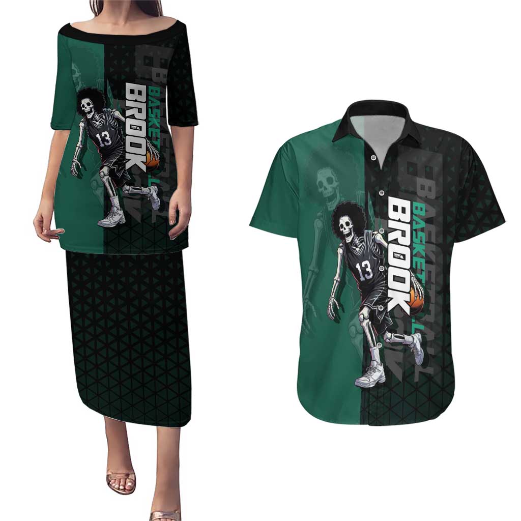 Brook One Piece Basketball Theme Green and Black Design Couples Matching Puletasi and Hawaiian Shirt with Skull Emblem and Energetic Pose - The Mazicc