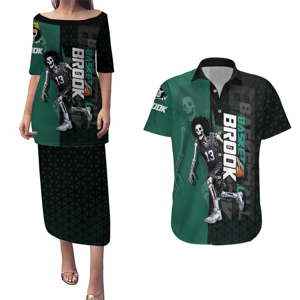 Brook One Piece Basketball Theme Green and Black Design Couples Matching Puletasi and Hawaiian Shirt with Skull Emblem and Energetic Pose - The Mazicc