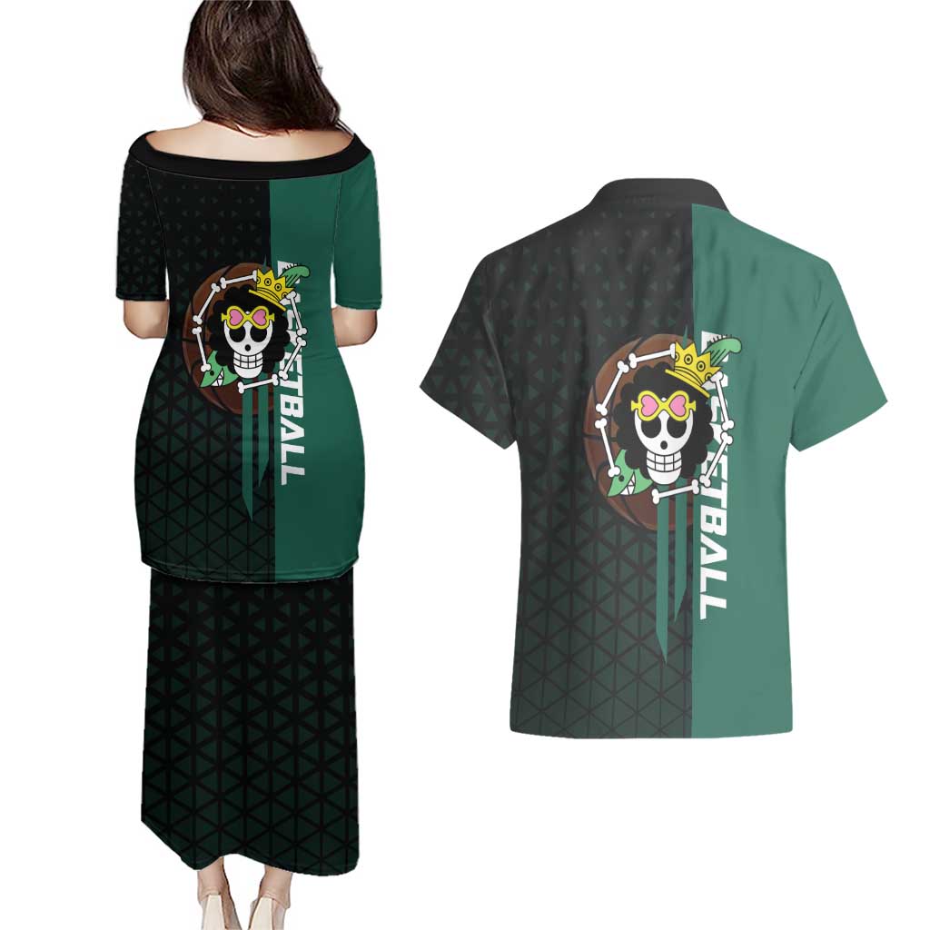 Brook One Piece Basketball Theme Green and Black Design Couples Matching Puletasi and Hawaiian Shirt with Skull Emblem and Energetic Pose - The Mazicc