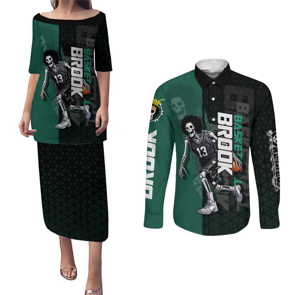 Brook One Piece Basketball Theme Green and Black Design Couples Matching Puletasi and Long Sleeve Button Shirt with Skull Emblem and Energetic Pose - The Mazicc