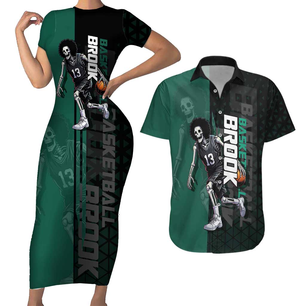 Brook One Piece Basketball Theme Green and Black Design Couples Matching Short Sleeve Bodycon Dress and Hawaiian Shirt with Skull Emblem and Energetic Pose - The Mazicc