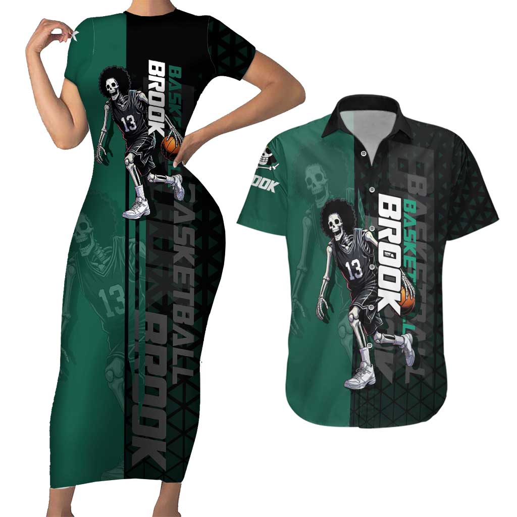Brook One Piece Basketball Theme Green and Black Design Couples Matching Short Sleeve Bodycon Dress and Hawaiian Shirt with Skull Emblem and Energetic Pose - The Mazicc