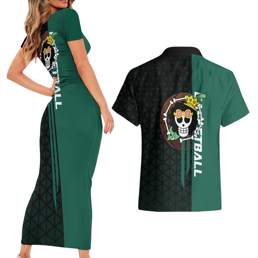 Brook One Piece Basketball Theme Green and Black Design Couples Matching Short Sleeve Bodycon Dress and Hawaiian Shirt with Skull Emblem and Energetic Pose - The Mazicc
