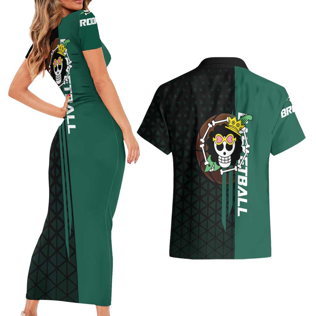 Brook One Piece Basketball Theme Green and Black Design Couples Matching Short Sleeve Bodycon Dress and Hawaiian Shirt with Skull Emblem and Energetic Pose - The Mazicc