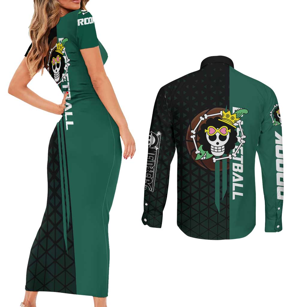 Brook One Piece Basketball Theme Green and Black Design Couples Matching Short Sleeve Bodycon Dress and Long Sleeve Button Shirt with Skull Emblem and Energetic Pose - The Mazicc