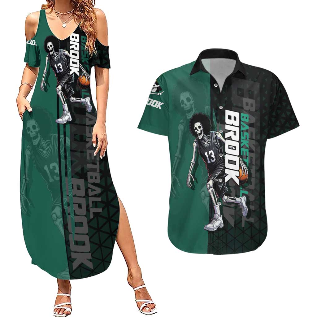 Brook One Piece Basketball Theme Green and Black Design Couples Matching Summer Maxi Dress and Hawaiian Shirt with Skull Emblem and Energetic Pose - The Mazicc