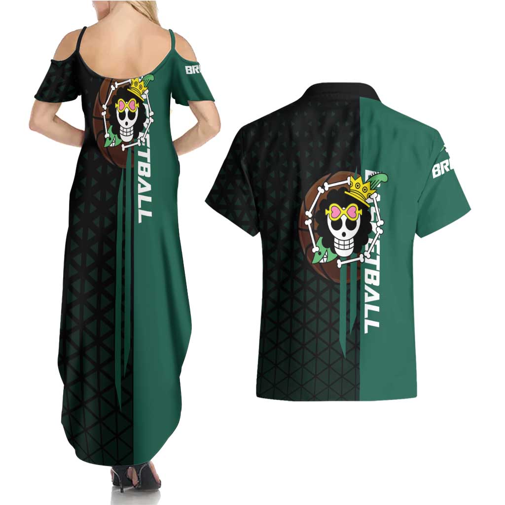 Brook One Piece Basketball Theme Green and Black Design Couples Matching Summer Maxi Dress and Hawaiian Shirt with Skull Emblem and Energetic Pose - The Mazicc