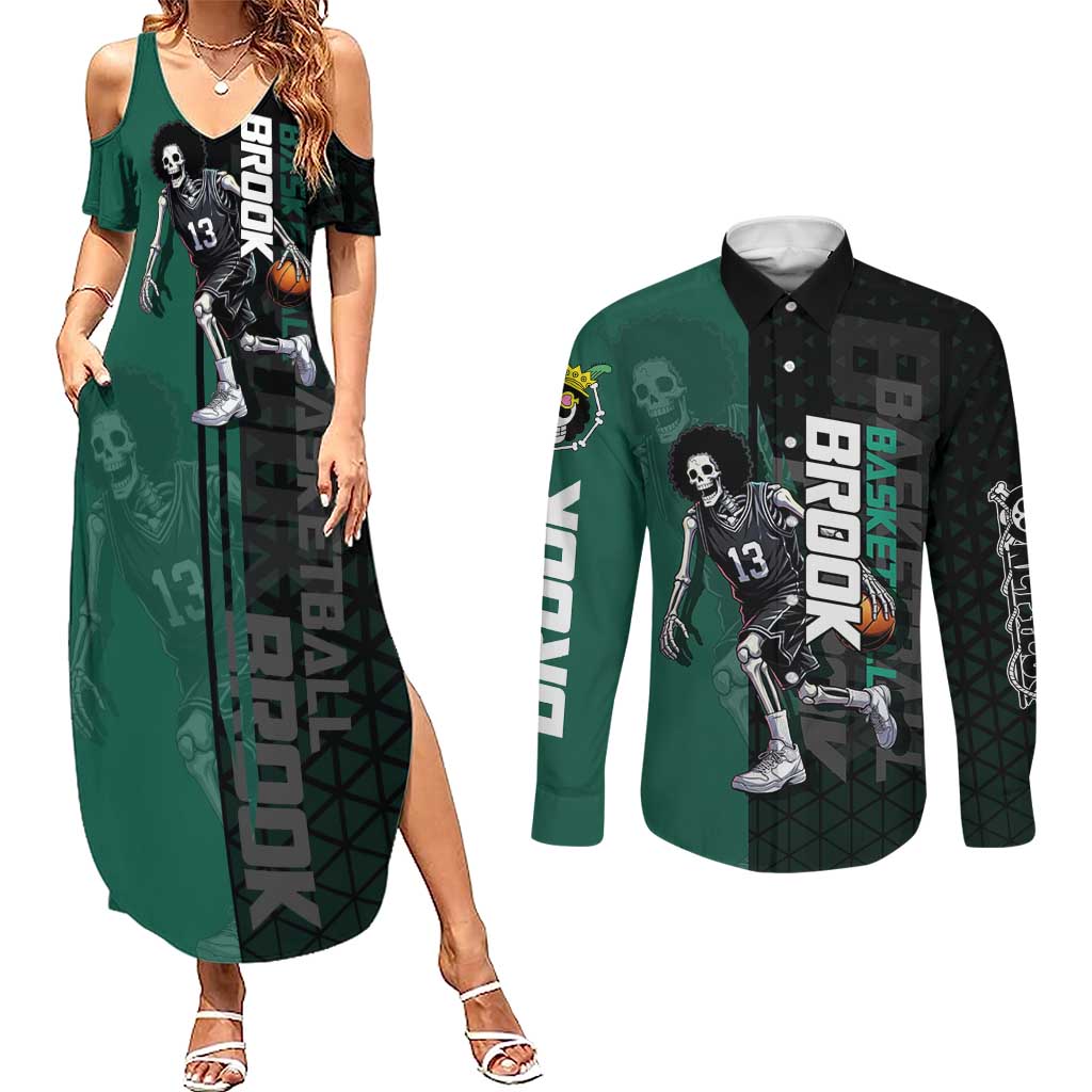 Brook One Piece Basketball Theme Green and Black Design Couples Matching Summer Maxi Dress and Long Sleeve Button Shirt with Skull Emblem and Energetic Pose - The Mazicc