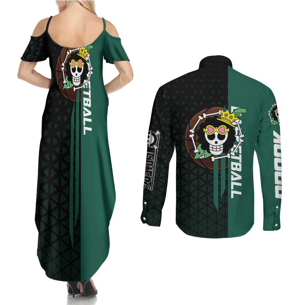 Brook One Piece Basketball Theme Green and Black Design Couples Matching Summer Maxi Dress and Long Sleeve Button Shirt with Skull Emblem and Energetic Pose - The Mazicc