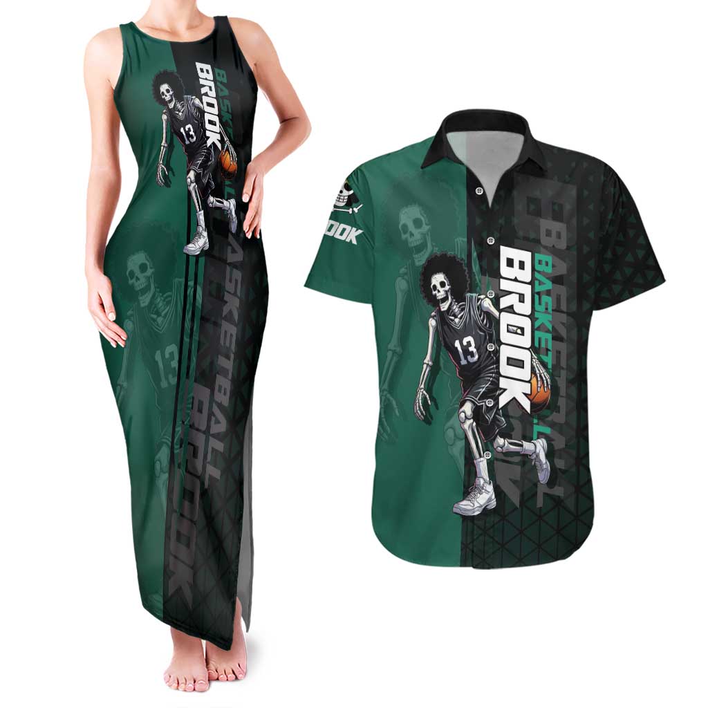 Brook One Piece Basketball Theme Green and Black Design Couples Matching Tank Maxi Dress and Hawaiian Shirt with Skull Emblem and Energetic Pose - The Mazicc