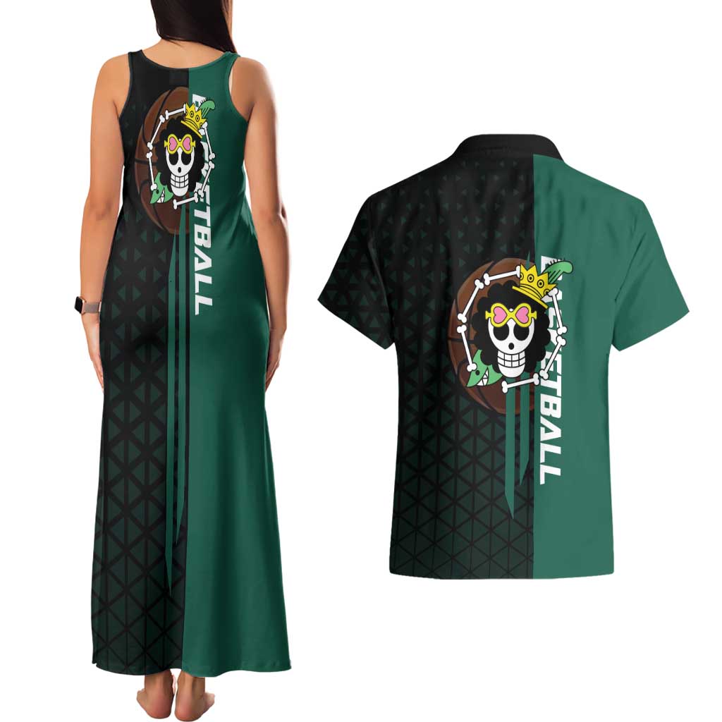 Brook One Piece Basketball Theme Green and Black Design Couples Matching Tank Maxi Dress and Hawaiian Shirt with Skull Emblem and Energetic Pose - The Mazicc
