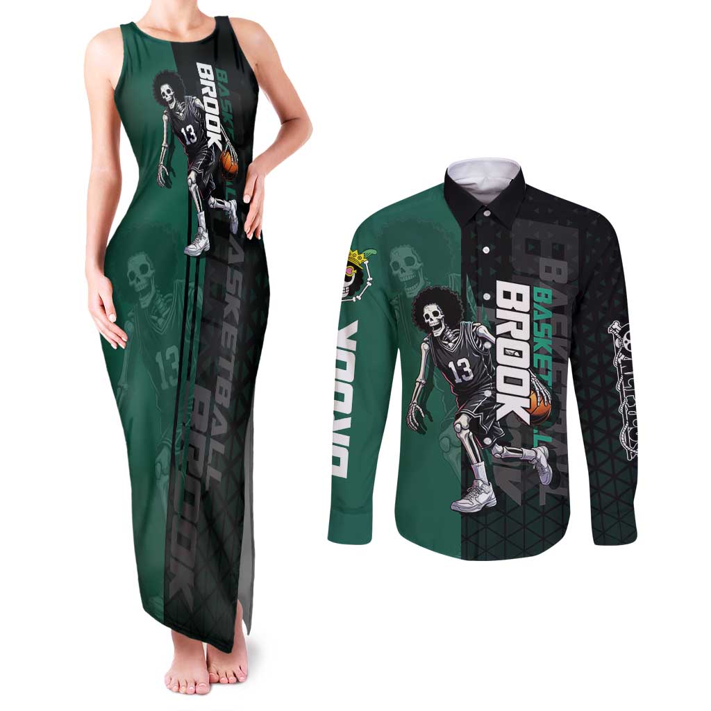 Brook One Piece Basketball Theme Green and Black Design Couples Matching Tank Maxi Dress and Long Sleeve Button Shirt with Skull Emblem and Energetic Pose - The Mazicc