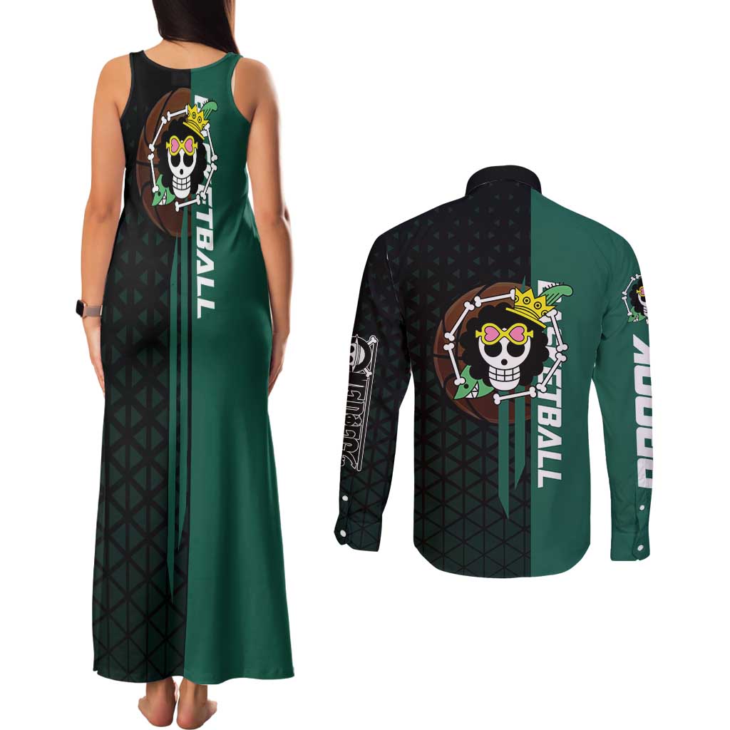 Brook One Piece Basketball Theme Green and Black Design Couples Matching Tank Maxi Dress and Long Sleeve Button Shirt with Skull Emblem and Energetic Pose - The Mazicc