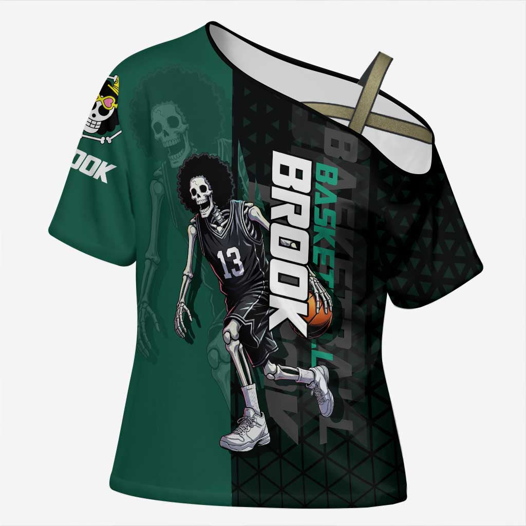 Brook One Piece Basketball Theme Green and Black Design Cross Shoulder Shirt with Skull Emblem and Energetic Pose - The Mazicc
