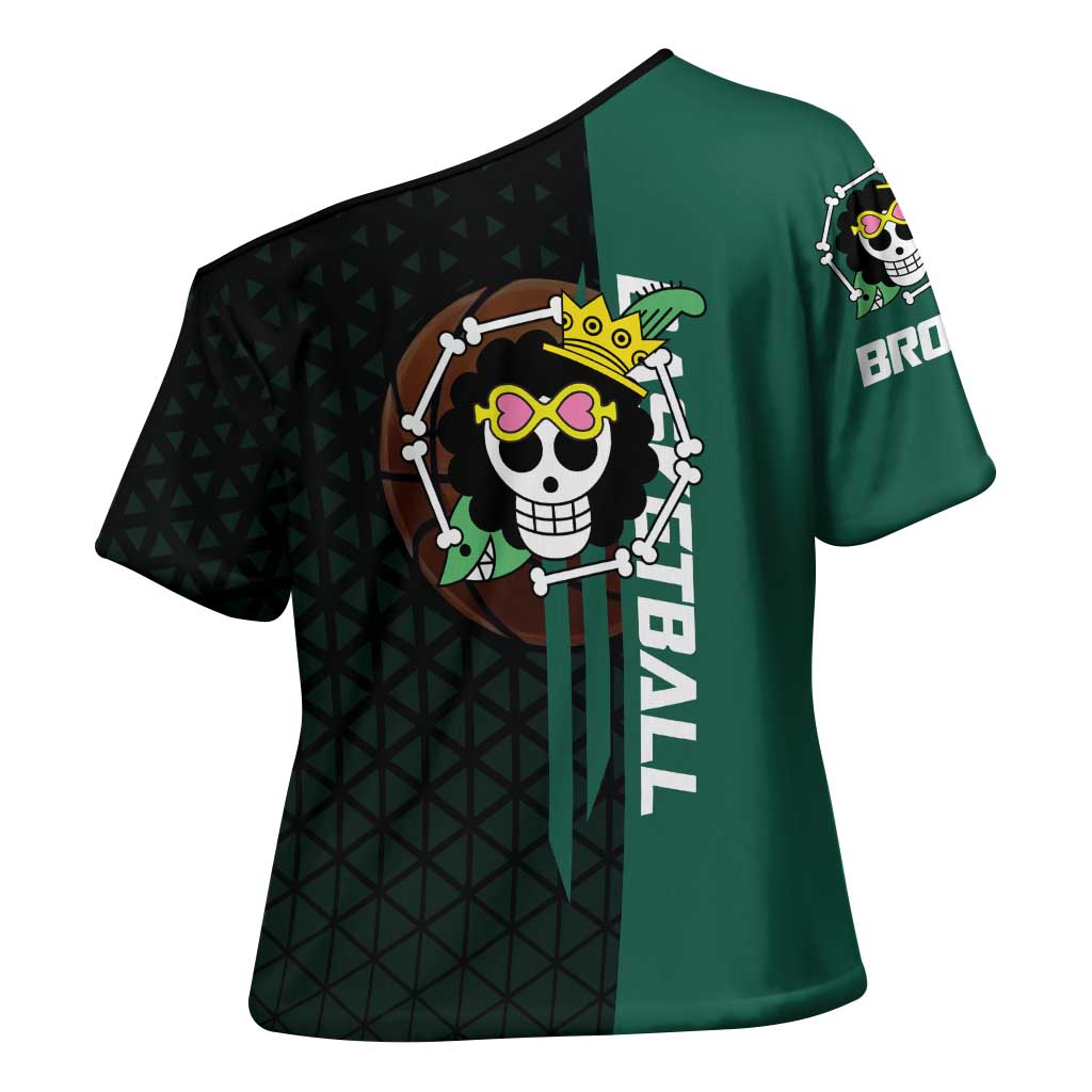 Brook One Piece Basketball Theme Green and Black Design Cross Shoulder Shirt with Skull Emblem and Energetic Pose - The Mazicc