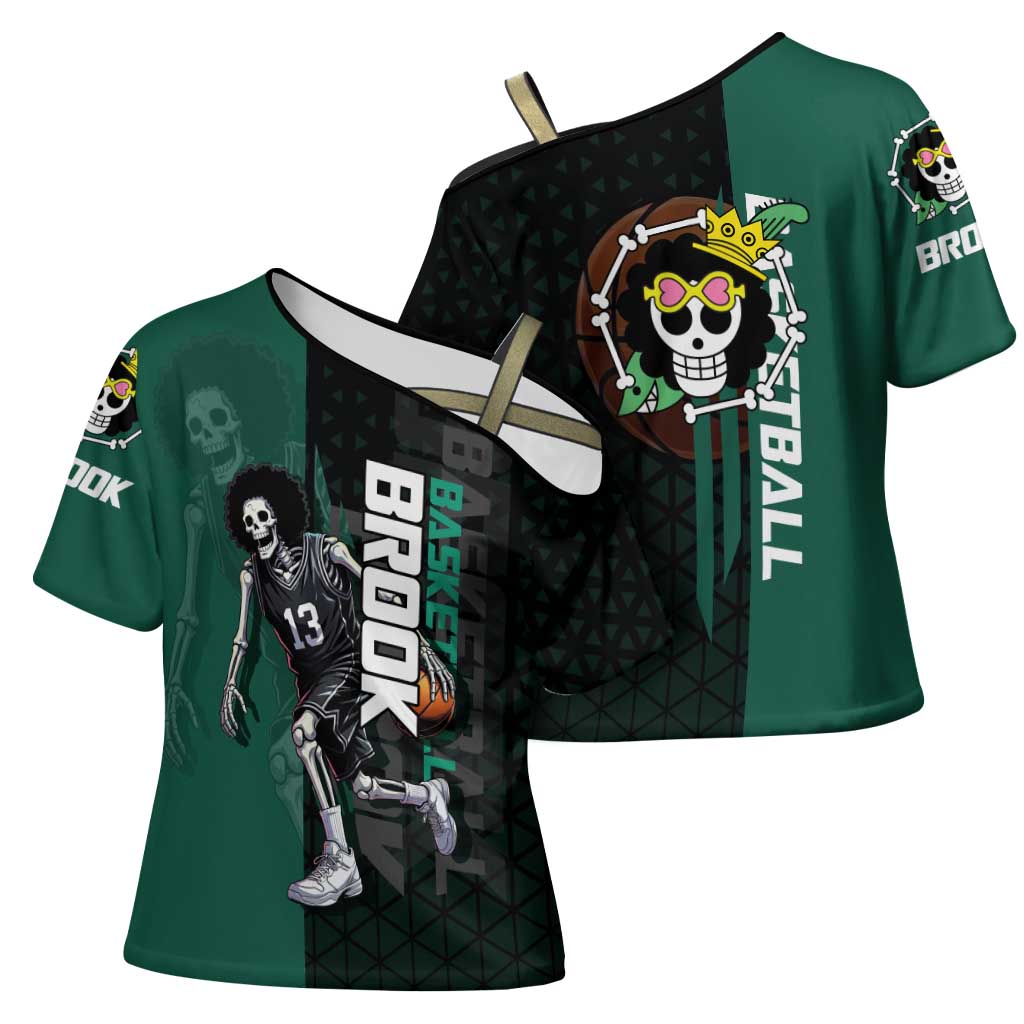 Brook One Piece Basketball Theme Green and Black Design Cross Shoulder Shirt with Skull Emblem and Energetic Pose - The Mazicc