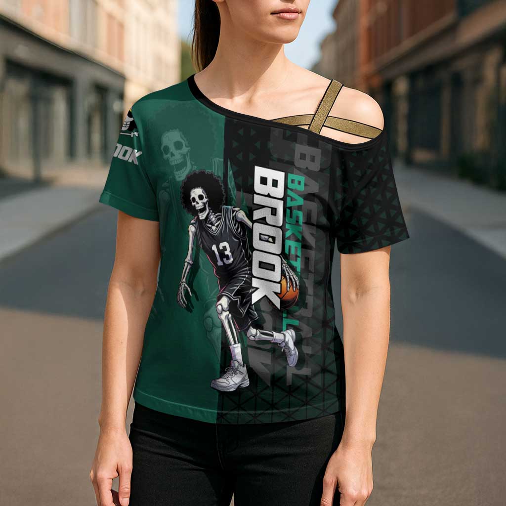 Brook One Piece Basketball Theme Green and Black Design Cross Shoulder Shirt with Skull Emblem and Energetic Pose - The Mazicc