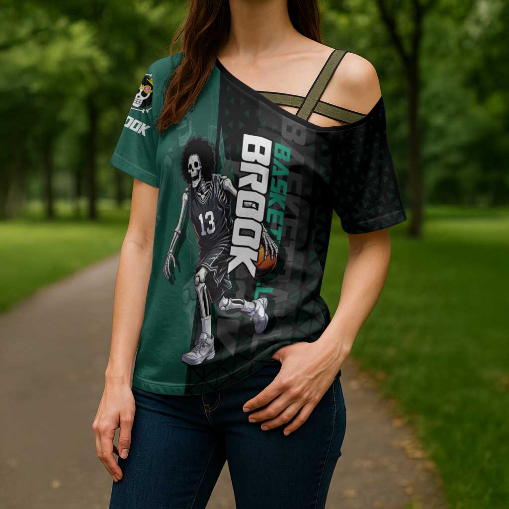 Brook One Piece Basketball Theme Green and Black Design Cross Shoulder Shirt with Skull Emblem and Energetic Pose - The Mazicc