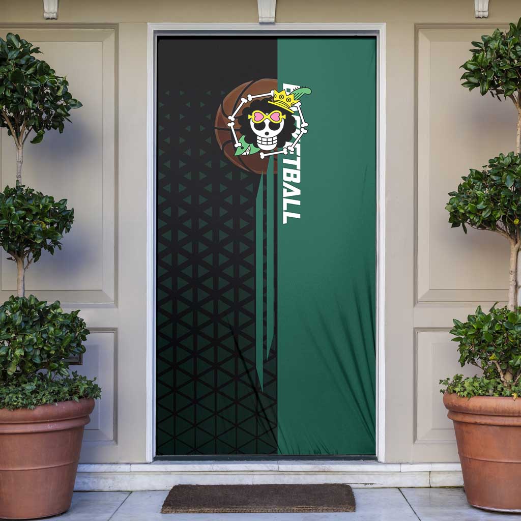 Brook One Piece Basketball Theme Green and Black Design Door Cover with Skull Emblem and Energetic Pose - The Mazicc