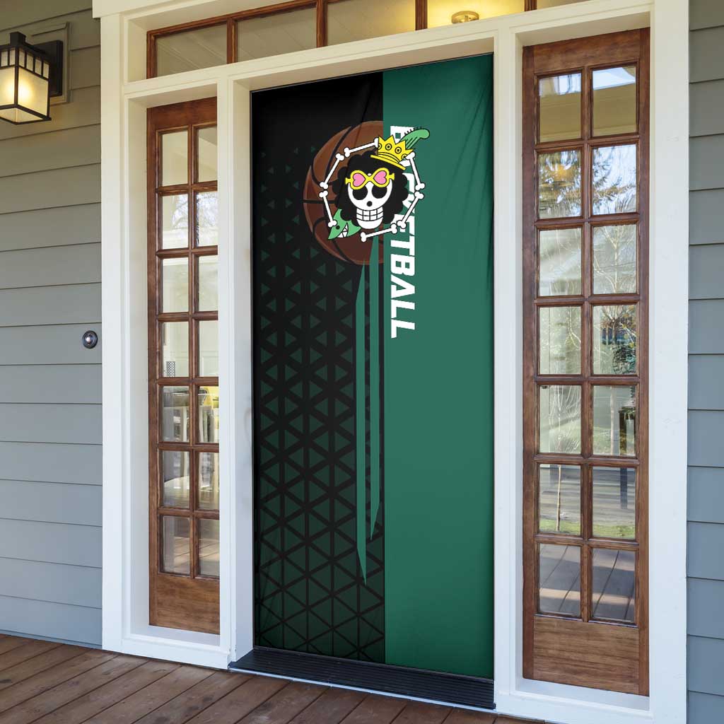 Brook One Piece Basketball Theme Green and Black Design Door Cover with Skull Emblem and Energetic Pose - The Mazicc