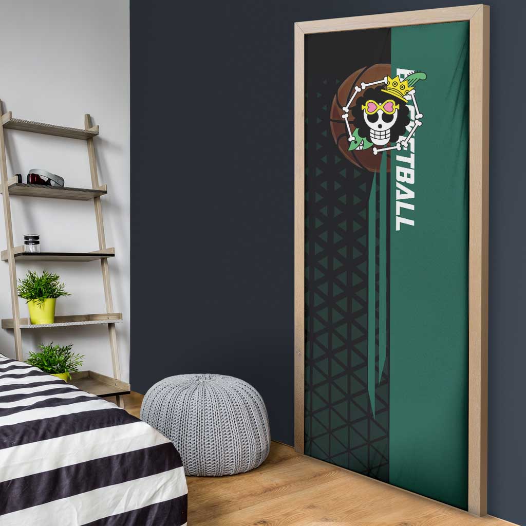Brook One Piece Basketball Theme Green and Black Design Door Cover with Skull Emblem and Energetic Pose - The Mazicc