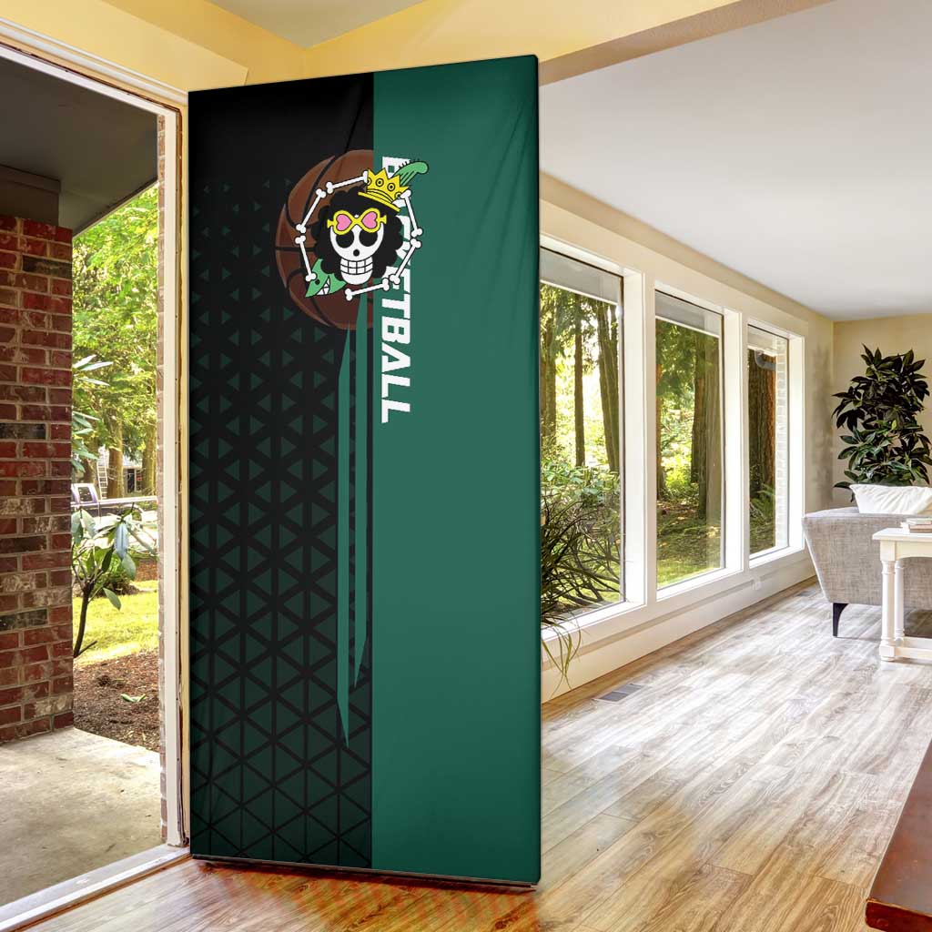 Brook One Piece Basketball Theme Green and Black Design Door Cover with Skull Emblem and Energetic Pose - The Mazicc