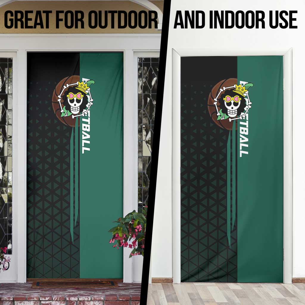 Brook One Piece Basketball Theme Green and Black Design Door Cover with Skull Emblem and Energetic Pose - The Mazicc