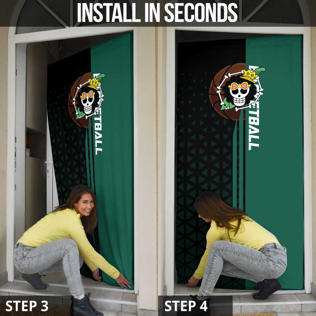 Brook One Piece Basketball Theme Green and Black Design Door Cover with Skull Emblem and Energetic Pose - The Mazicc