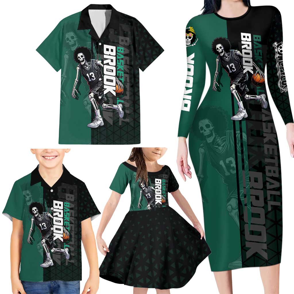 Brook One Piece Basketball Theme Green and Black Design Family Matching Long Sleeve Bodycon Dress and Hawaiian Shirt with Skull Emblem and Energetic Pose