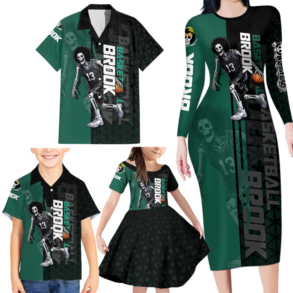 Brook One Piece Basketball Theme Green and Black Design Family Matching Long Sleeve Bodycon Dress and Hawaiian Shirt with Skull Emblem and Energetic Pose